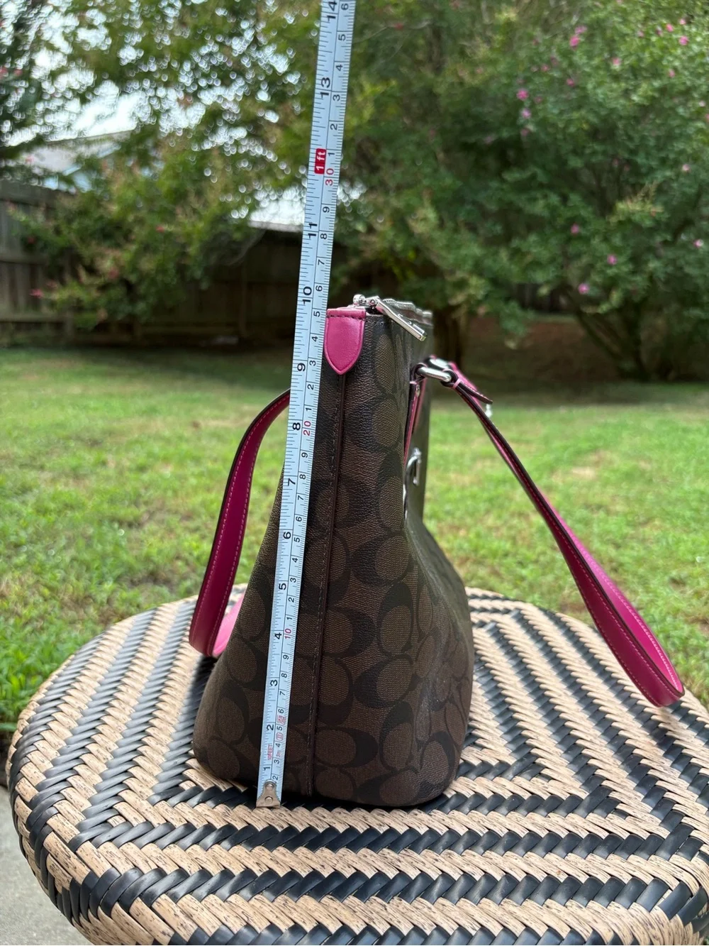 Coach Signature Logo Brown Pink Zip Top Tote Shoulder Bag Charm Silver Hardware